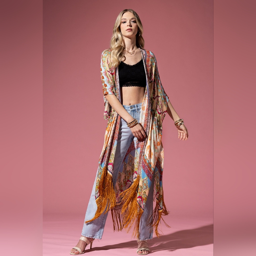 Detailed Floral & Demask Print Kimono on Jacquard Fabric w Golden Fringe Tassels - Picture 7 of 9